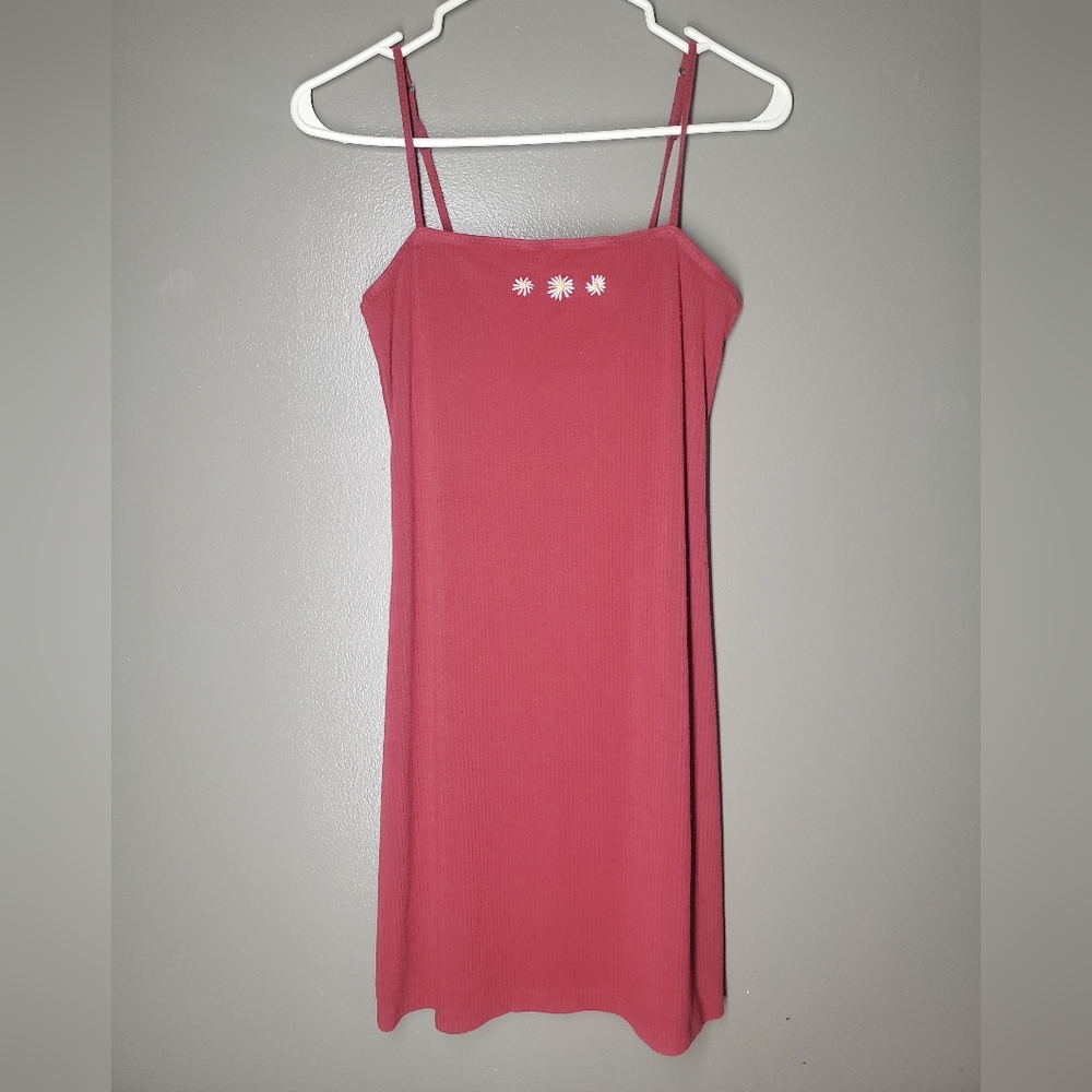 Y2K Hollister Red Floral Embroidered Ribbed Tank Mini Dress Women's Size Small